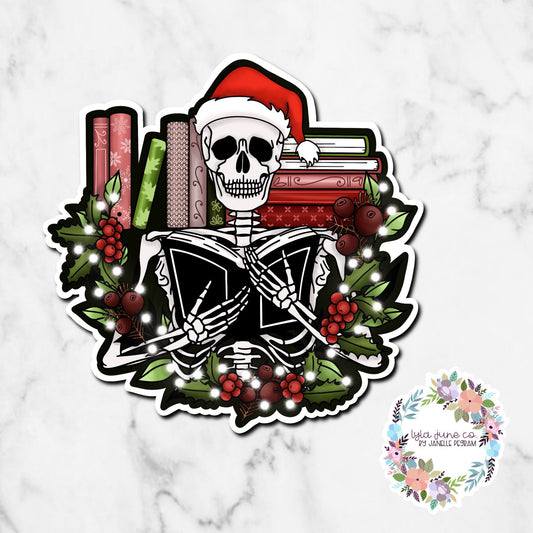 Holiday Skeleton Reader Christmas sticker