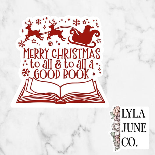 Merry Christmas to All and to All a Good Book sticker - Holiday Christmas sticker